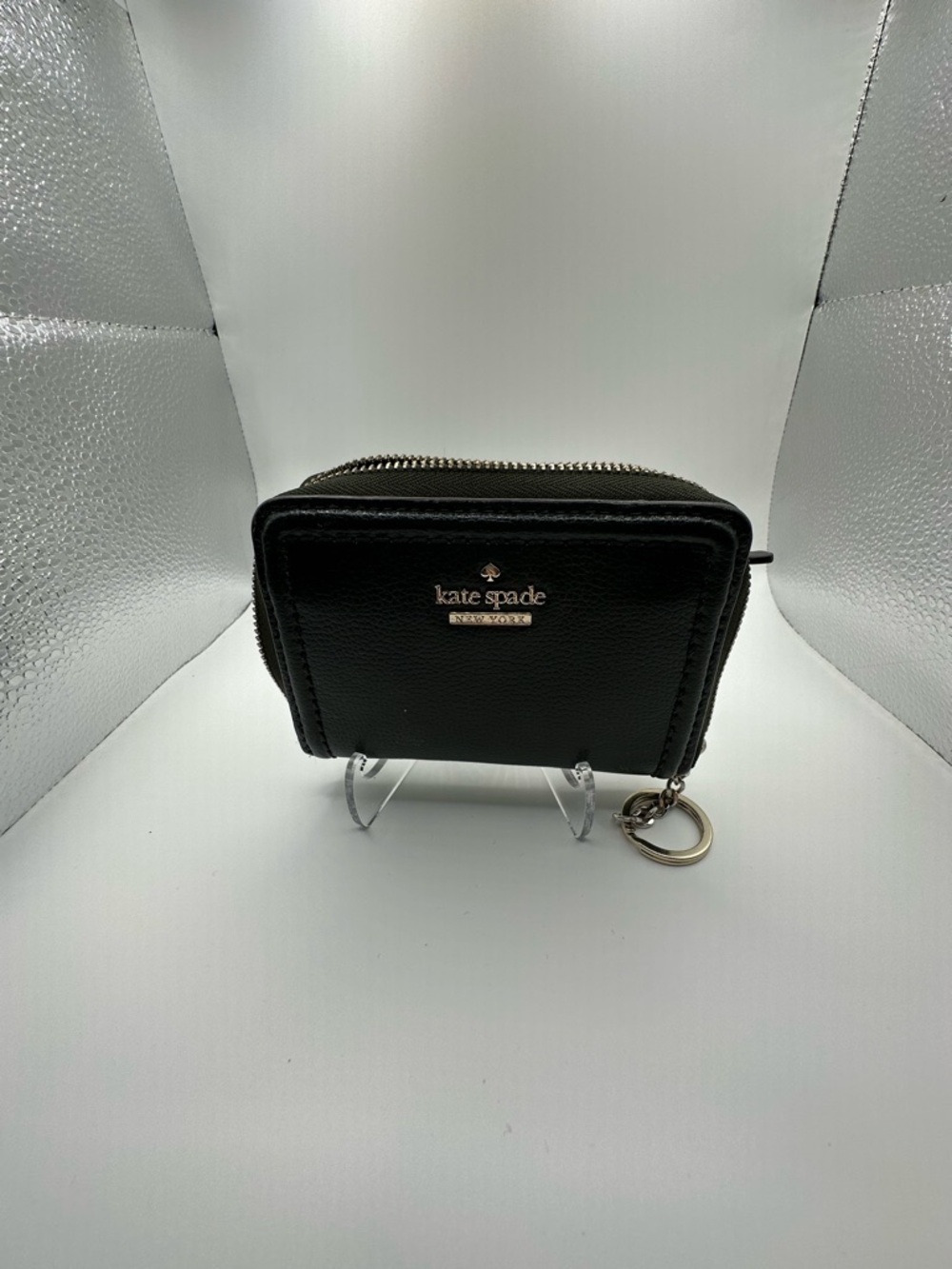 kate spade Black Pebbled Leather Zip Card Wallet with Keyring
